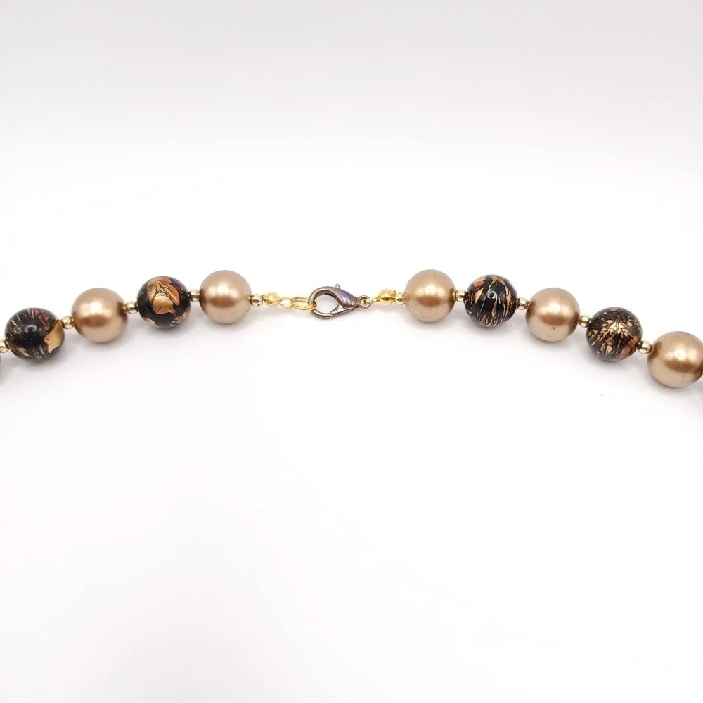 Gold Tone Black Marbled‎ Lucite Beaded Necklace Vintage 30 Inch Statement Gift